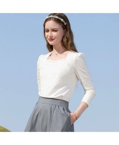 Square Collar Long Sleeves T-shirt for Women 2023 Spring French Office Lady Solid Cotton Tops Clothing 2231014801 $54.91 - Wo...