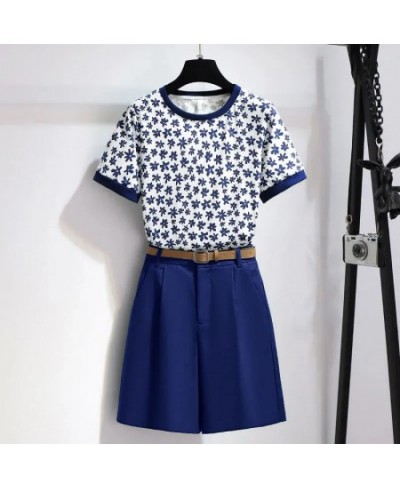 Floral Printing O-Neck Short Sleeve T-Shirt Two Piece Sets Womens Outifits Button Belt Shorts Set Woman 2 Pieces Summer 2022 ...