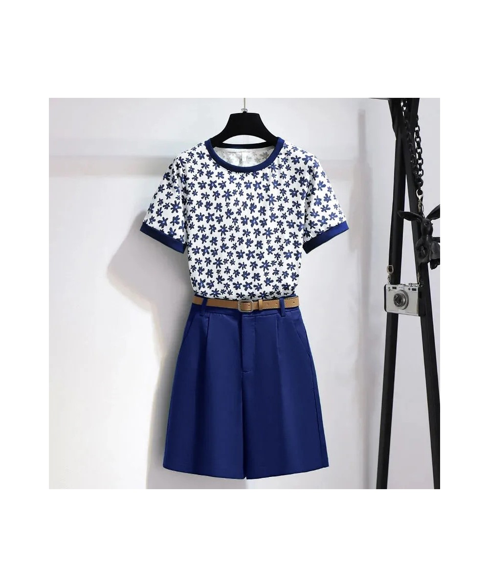 Floral Printing O-Neck Short Sleeve T-Shirt Two Piece Sets Womens Outifits Button Belt Shorts Set Woman 2 Pieces Summer 2022 ...