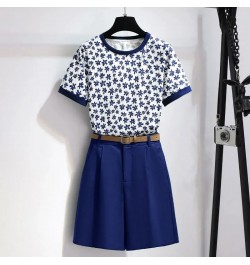 Floral Printing O-Neck Short Sleeve T-Shirt Two Piece Sets Womens Outifits Button Belt Shorts Set Woman 2 Pieces Summer 2022 ...