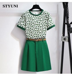 Floral Printing O-Neck Short Sleeve T-Shirt Two Piece Sets Womens Outifits Button Belt Shorts Set Woman 2 Pieces Summer 2022 ...