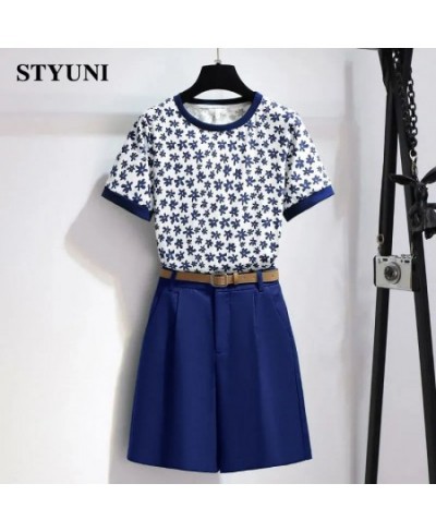 Floral Printing O-Neck Short Sleeve T-Shirt Two Piece Sets Womens Outifits Button Belt Shorts Set Woman 2 Pieces Summer 2022 ...