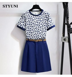 Floral Printing O-Neck Short Sleeve T-Shirt Two Piece Sets Womens Outifits Button Belt Shorts Set Woman 2 Pieces Summer 2022 ...