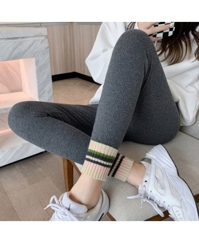 Leggings Women 2022 Winter Ribbed High Waist Slim Outer Wear Casual Pants Contrasting Colors Ankle-length Stretchy Pants Tigh...