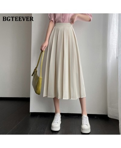 Chic Elegant Loose Solid Women Pleated Skirts 2022 Spring Elastic Waist Mid-length Ladies A-line Skirts $42.80 - Skirts