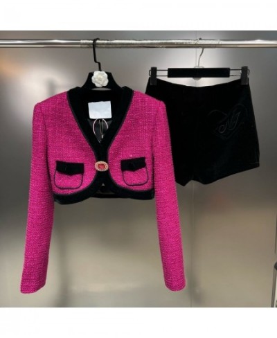 2022 Winter V Neck Rhinestone Buckle Knitted Short Jacket Velvet High Waist Shorts Two Piece Set Women Outfits GH143 $85.57 -...