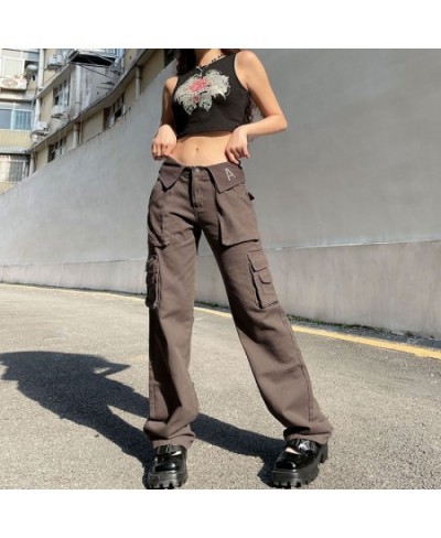 Y2K Letter Solid Color Straight Pants Women High Street Vintage Pocket Mid Rise Jeans American Casual Cuff Street Hip Hop Pan...
