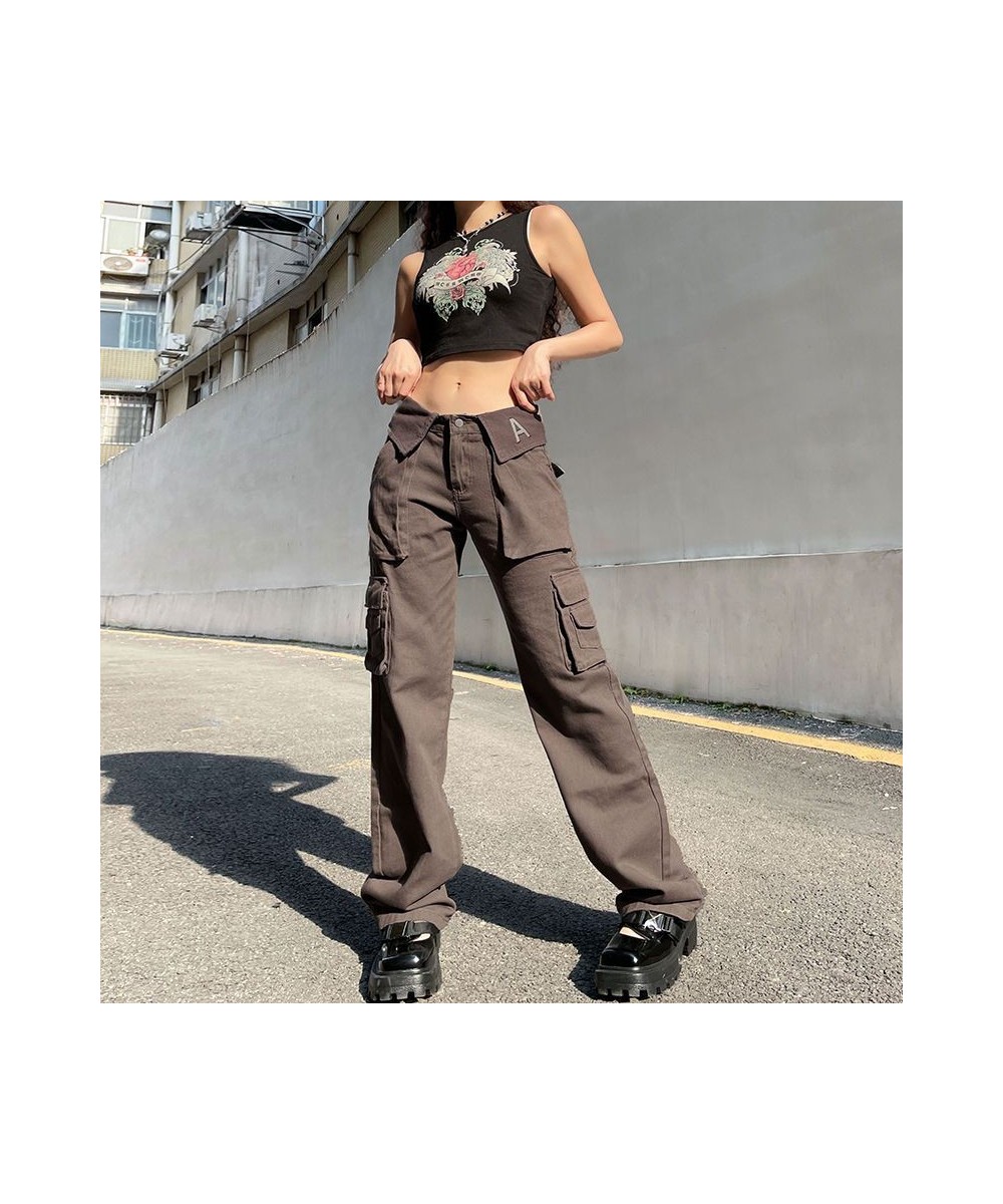 Y2K Letter Solid Color Straight Pants Women High Street Vintage Pocket Mid Rise Jeans American Casual Cuff Street Hip Hop Pan...