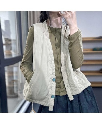 2022 Spring Autumn Arts Style Women V-neck Single Breasted Vest Coats all-matched Casual Cotton Vest Coat C102 $50.53 - Jacke...