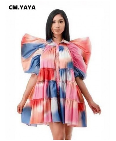 Tie Dye Women Cascading Ruffles Big Swing Puff Half Sleeve Babydoll Smock Dress Streetwear Elegant Shirt Style Dresses $45.93...