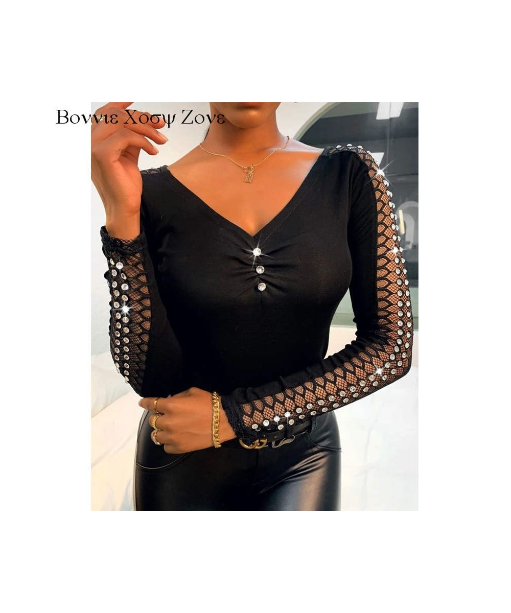 Women Autumn Rhinestone Skinny Mesh Long Sleeve Ruched Top Chic Plain Shirt Blouse $38.46 - Blouses & Shirts