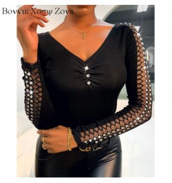 Women Autumn Rhinestone Skinny Mesh Long Sleeve Ruched Top Chic Plain Shirt Blouse $38.46 - Blouses & Shirts