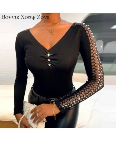 Women Autumn Rhinestone Skinny Mesh Long Sleeve Ruched Top Chic Plain Shirt Blouse $38.46 - Blouses & Shirts