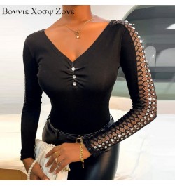 Women Autumn Rhinestone Skinny Mesh Long Sleeve Ruched Top Chic Plain Shirt Blouse $38.46 - Blouses & Shirts