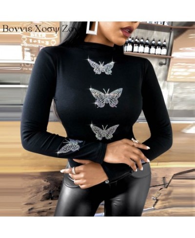 Women Autumn Rhinestone Skinny Mesh Long Sleeve Ruched Top Chic Plain Shirt Blouse $38.46 - Blouses & Shirts