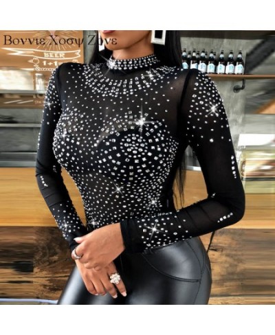 Women Autumn Rhinestone Skinny Mesh Long Sleeve Ruched Top Chic Plain Shirt Blouse $38.46 - Blouses & Shirts