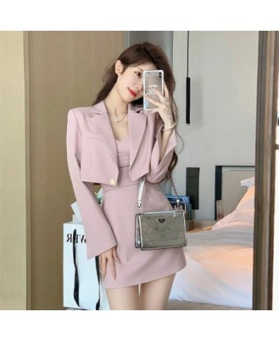 Korean Elegant Chic Suit Two Piece Women's Spring and Autumn New Fashion Short Casual Pink Blazer Coat+Slim Sling Dress Set $...