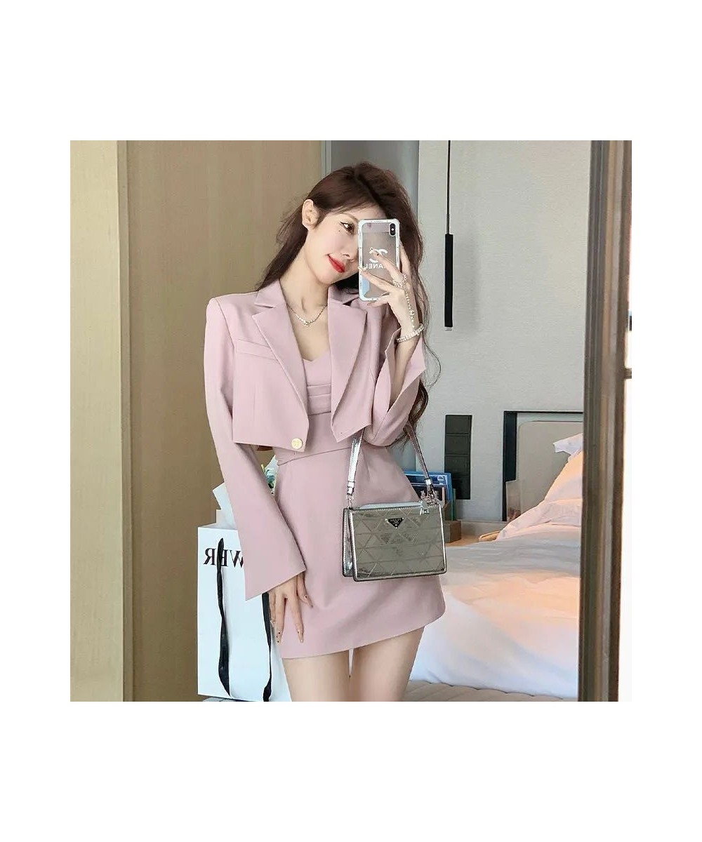 Korean Elegant Chic Suit Two Piece Women's Spring and Autumn New Fashion Short Casual Pink Blazer Coat+Slim Sling Dress Set $...