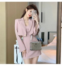 Korean Elegant Chic Suit Two Piece Women's Spring and Autumn New Fashion Short Casual Pink Blazer Coat+Slim Sling Dress Set $...