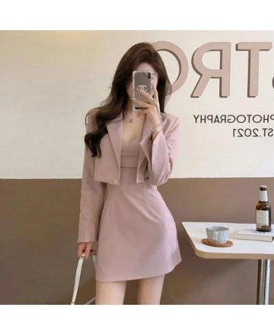 Korean Elegant Chic Suit Two Piece Women's Spring and Autumn New Fashion Short Casual Pink Blazer Coat+Slim Sling Dress Set $...