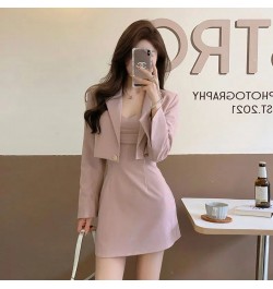 Korean Elegant Chic Suit Two Piece Women's Spring and Autumn New Fashion Short Casual Pink Blazer Coat+Slim Sling Dress Set $...