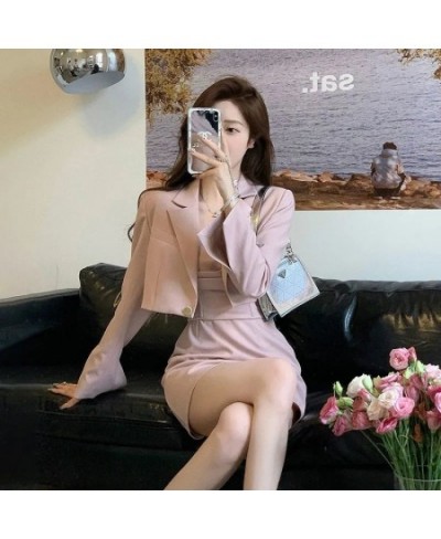 Korean Elegant Chic Suit Two Piece Women's Spring and Autumn New Fashion Short Casual Pink Blazer Coat+Slim Sling Dress Set $...