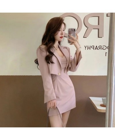 Korean Elegant Chic Suit Two Piece Women's Spring and Autumn New Fashion Short Casual Pink Blazer Coat+Slim Sling Dress Set $...