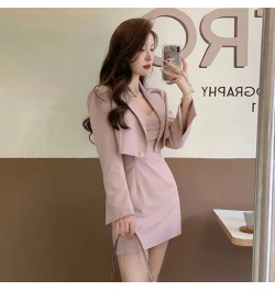 Korean Elegant Chic Suit Two Piece Women's Spring and Autumn New Fashion Short Casual Pink Blazer Coat+Slim Sling Dress Set $...