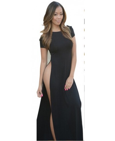 Black Sexy Split Furcal Maxi Long Dress Women 2023 Summer Short Sleeve O-neck Solid Fashion Femme Vestidos Fit and Flare AX19...