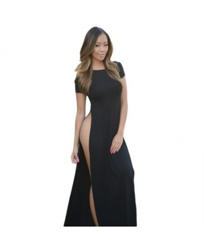 Black Sexy Split Furcal Maxi Long Dress Women 2023 Summer Short Sleeve O-neck Solid Fashion Femme Vestidos Fit and Flare AX19...