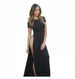 Black Sexy Split Furcal Maxi Long Dress Women 2023 Summer Short Sleeve O-neck Solid Fashion Femme Vestidos Fit and Flare AX19...