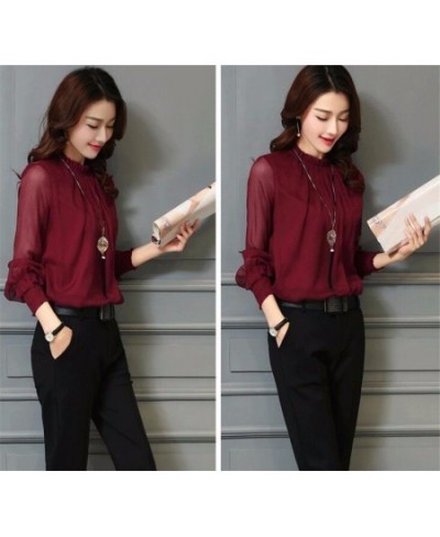 Chiffon Blouse New Women Tops Long Sleeve Stand Neck Work Wear Shirts Elegant Lady Casual Blouses $48.81 - Blouses & Shirts