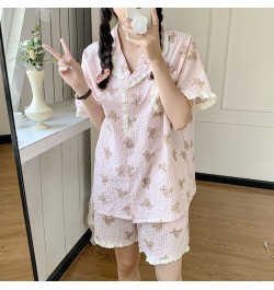 Bear Cartoon Cute Print Summer Short Sleeve Shorts Pajamas Set Women Loose Casual Comfortable Elegant Two Piece Set Sleepwear...