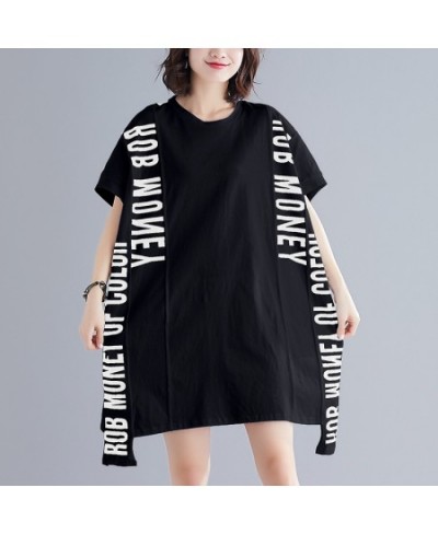 Oversized Fashion Patchwork Lace Letter T Shirt Dress Summer Women Loose Casual Big Size Ladies Womens Korean Cotton Midi Dre...