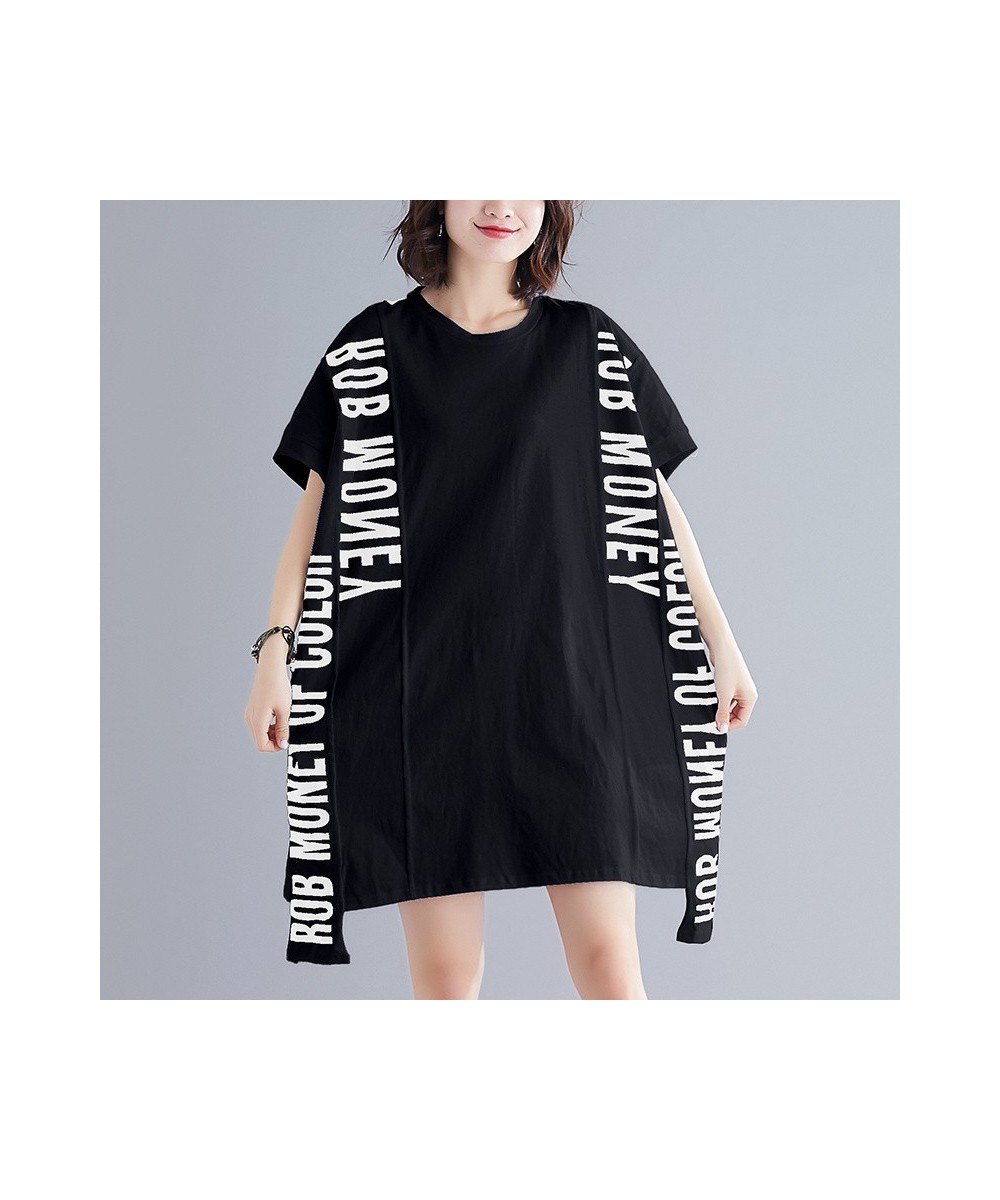 Oversized Fashion Patchwork Lace Letter T Shirt Dress Summer Women Loose Casual Big Size Ladies Womens Korean Cotton Midi Dre...