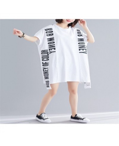 Oversized Fashion Patchwork Lace Letter T Shirt Dress Summer Women Loose Casual Big Size Ladies Womens Korean Cotton Midi Dre...