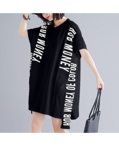 Oversized Fashion Patchwork Lace Letter T Shirt Dress Summer Women Loose Casual Big Size Ladies Womens Korean Cotton Midi Dre...