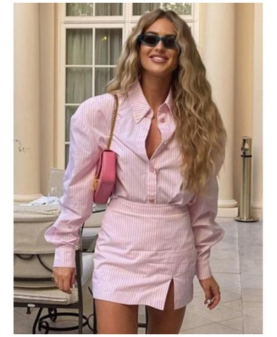 Fashion Pink Stripe Two Piece Sets Womens Outifits Autumn Sexy Long Sleeve Shirts Matching High Waist Mini Skirt Sets 2023 $4...