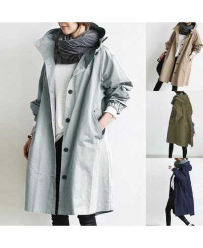 Women Autumn Solid Color Pocket Hooded Windbreaker Long Trench Coat Outerwear Large Autumn Coats Harajuku French Elegance $64...