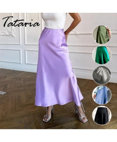 Women's Summer Silk Satin Skirts Green High-waisted Long Mermaid Skirt Female Elegant Retro Solid Black A Line Midi Skirts 20...