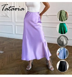 Women's Summer Silk Satin Skirts Green High-waisted Long Mermaid Skirt Female Elegant Retro Solid Black A Line Midi Skirts 20...