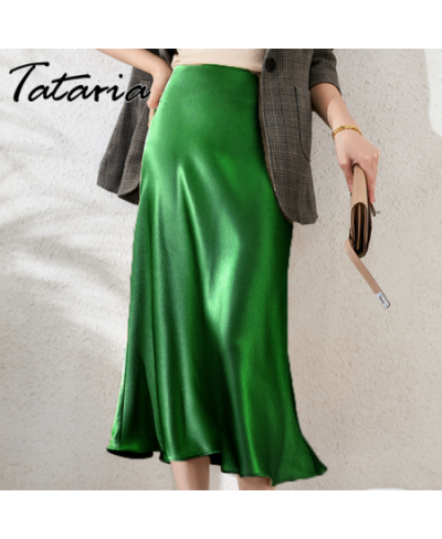 Women's Summer Silk Satin Skirts Green High-waisted Long Mermaid Skirt Female Elegant Retro Solid Black A Line Midi Skirts 20...