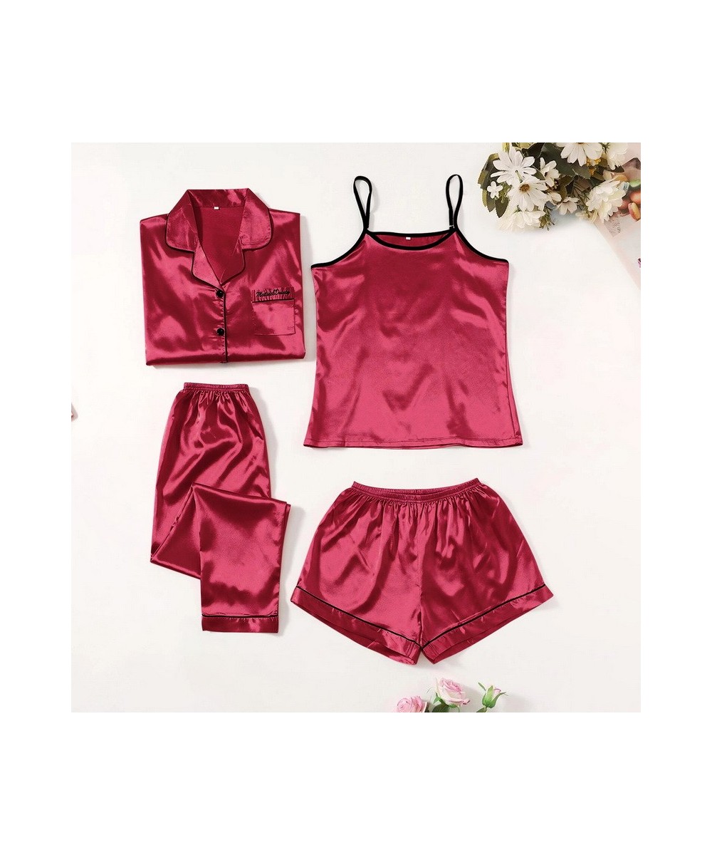 4 Pieces Suit Satin Silk Pajamas Set Without Padded Pyjama Women Matching Sets Sling Shorts Full Sleeve Long Pants Sleepwear ...