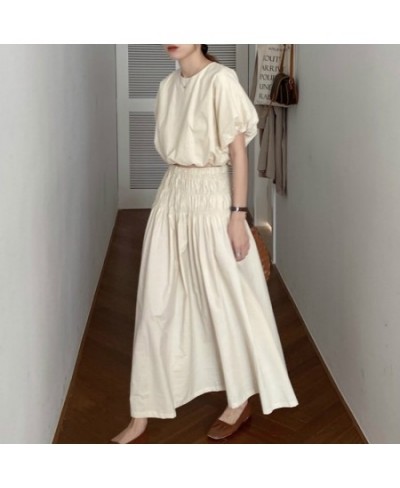 Oversized Summer Vintage 2 Two Piece Skirts Sets Women Outfits Puff Sleeve Crop Top and Elastic Waist Pleat Long A-line Skirt...