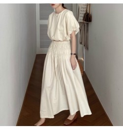 Oversized Summer Vintage 2 Two Piece Skirts Sets Women Outfits Puff Sleeve Crop Top and Elastic Waist Pleat Long A-line Skirt...