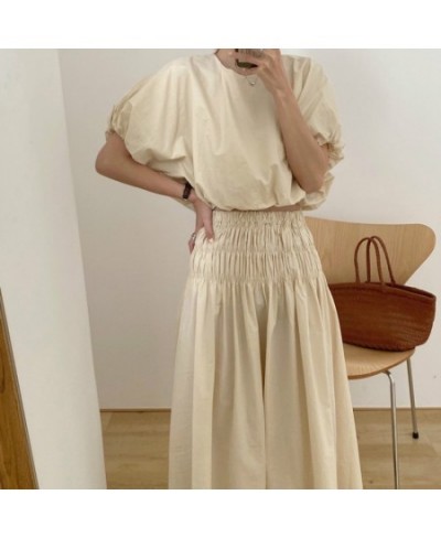 Oversized Summer Vintage 2 Two Piece Skirts Sets Women Outfits Puff Sleeve Crop Top and Elastic Waist Pleat Long A-line Skirt...