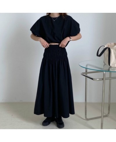 Oversized Summer Vintage 2 Two Piece Skirts Sets Women Outfits Puff Sleeve Crop Top and Elastic Waist Pleat Long A-line Skirt...