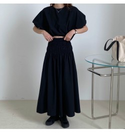 Oversized Summer Vintage 2 Two Piece Skirts Sets Women Outfits Puff Sleeve Crop Top and Elastic Waist Pleat Long A-line Skirt...