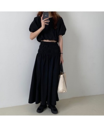 Oversized Summer Vintage 2 Two Piece Skirts Sets Women Outfits Puff Sleeve Crop Top and Elastic Waist Pleat Long A-line Skirt...