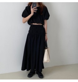 Oversized Summer Vintage 2 Two Piece Skirts Sets Women Outfits Puff Sleeve Crop Top and Elastic Waist Pleat Long A-line Skirt...